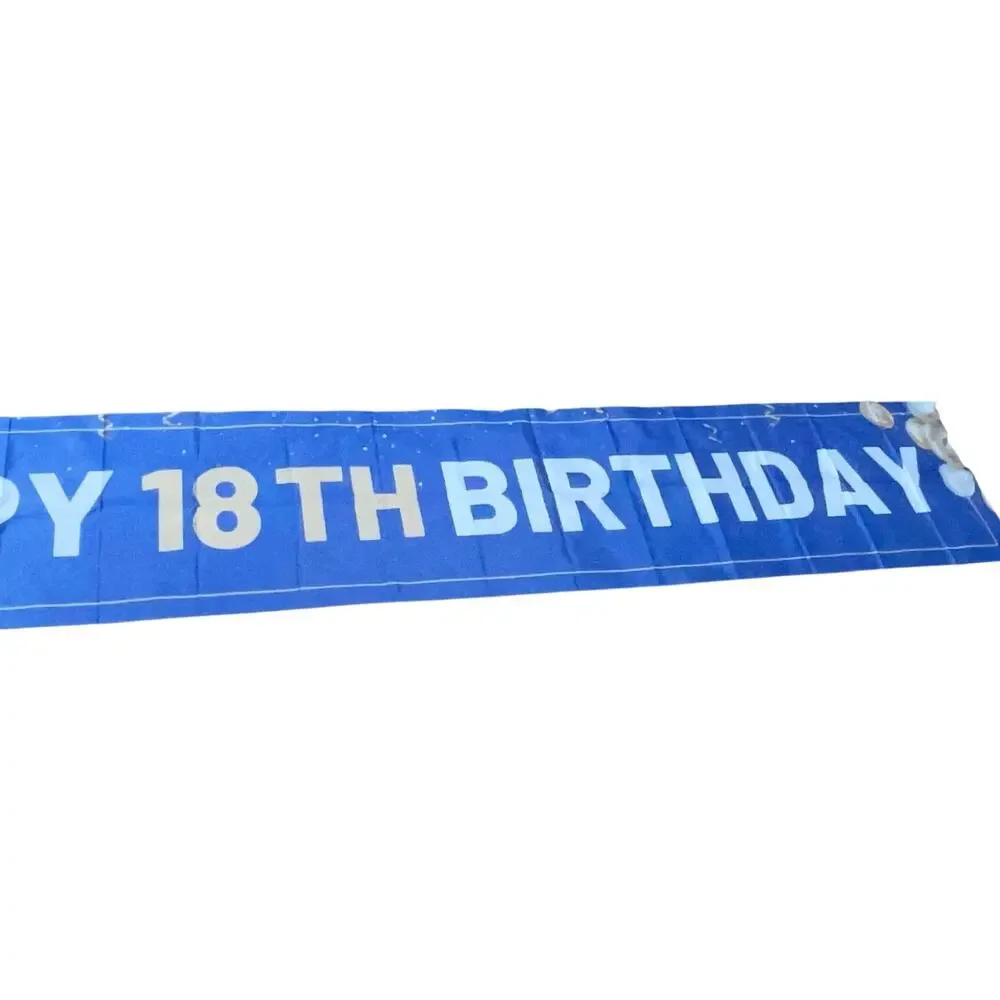 Happy 18th Birthday Banner Blue Gold Wall Flag Ribbon Party Backdrop 9.5ft Sign